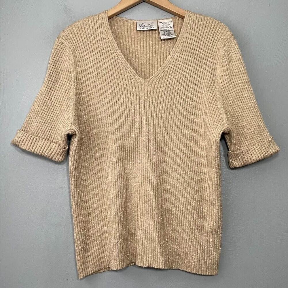 Vintage Kathie Lee Size XL Gold Metallic Ribbed Sweater Holiday Glam Old Money